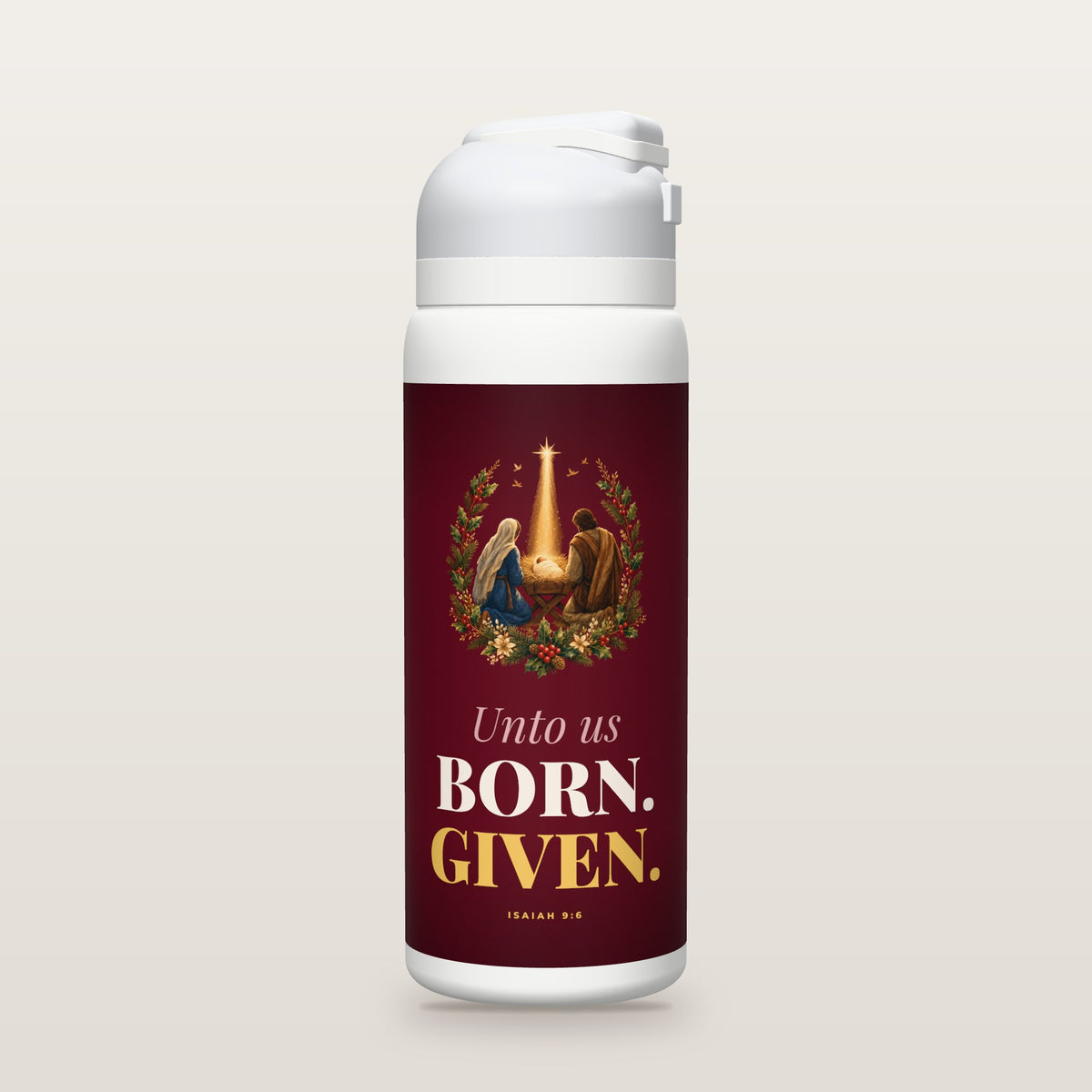 White Owala water bottle with a cranberry printed band, a gouache painting of the newborn in the manger with a beam of starlight coming down from heaven, and the words Unto us BORN. GIVEN. with Isaiah 9:6.