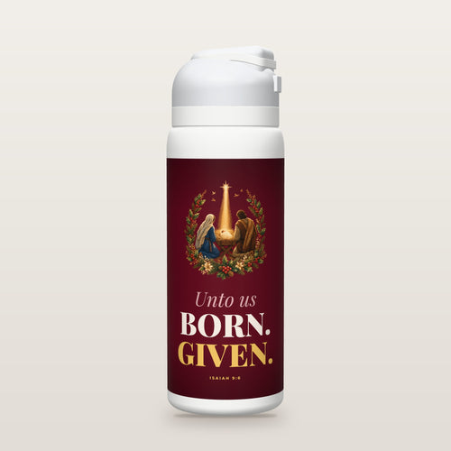 White Owala water bottle with a cranberry printed band, a gouache painting of the newborn in the manger with a beam of starlight coming down from heaven, and the words Unto us BORN. GIVEN. with Isaiah 9:6.