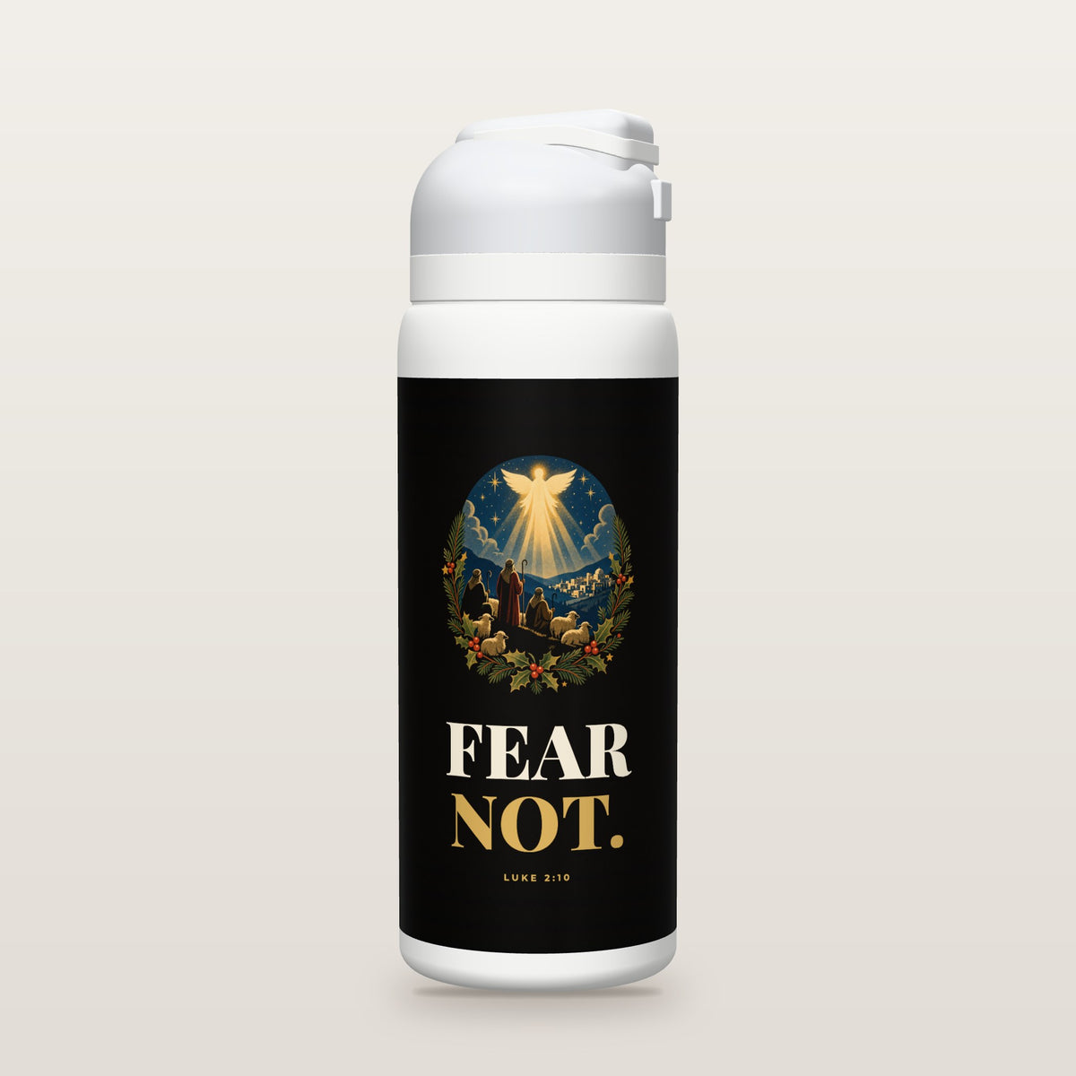 White Owala water bottle with a black printed band, a vintage screen-print illustration of shepherds on a night hillside looking up at an angel of light, and the words FEAR NOT. with Luke 2:10.