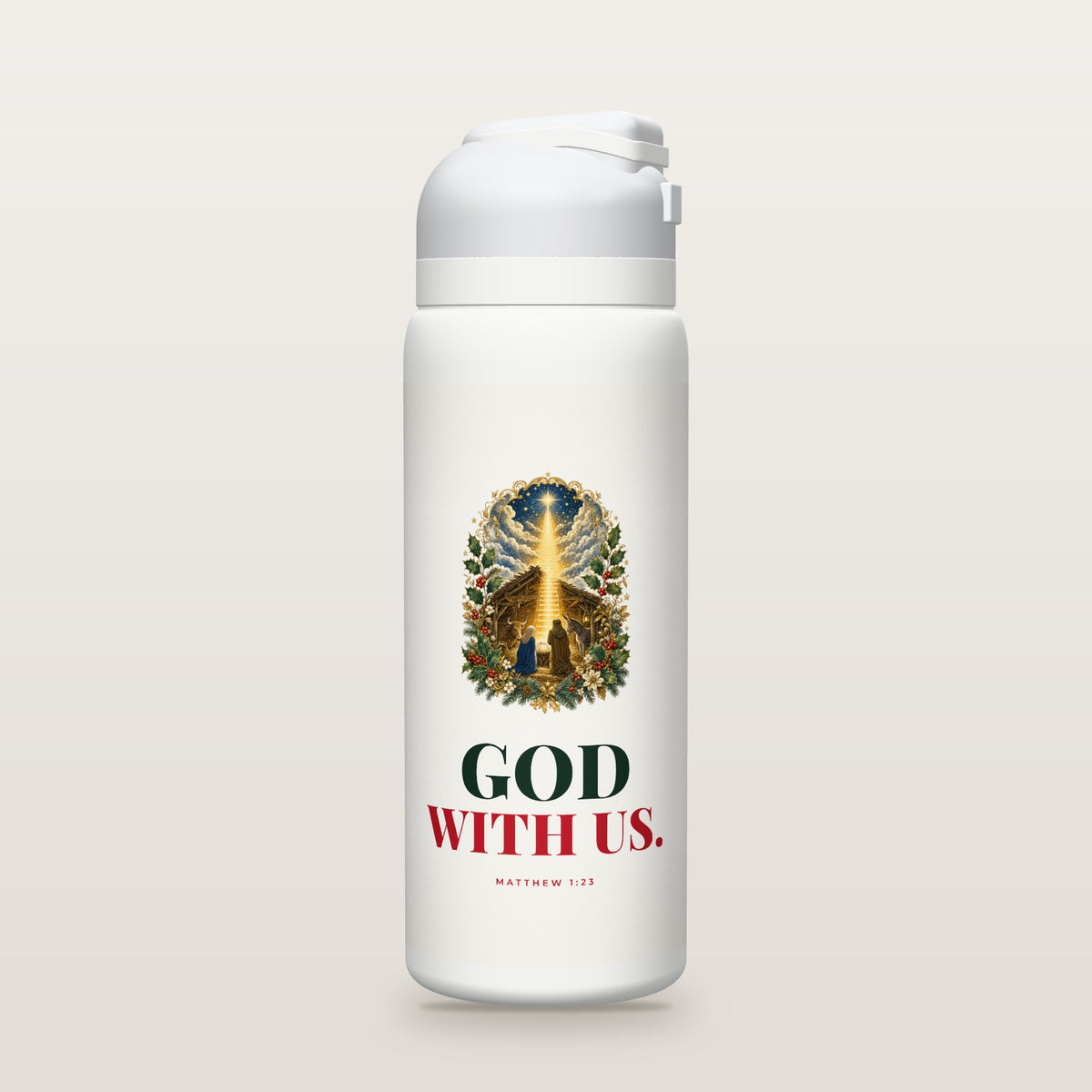 White Owala water bottle with a white printed band, a hand-painted engraving of a stairway of light from heaven down into the stable where the child lies, and the words GOD WITH US. with Matthew 1:23.