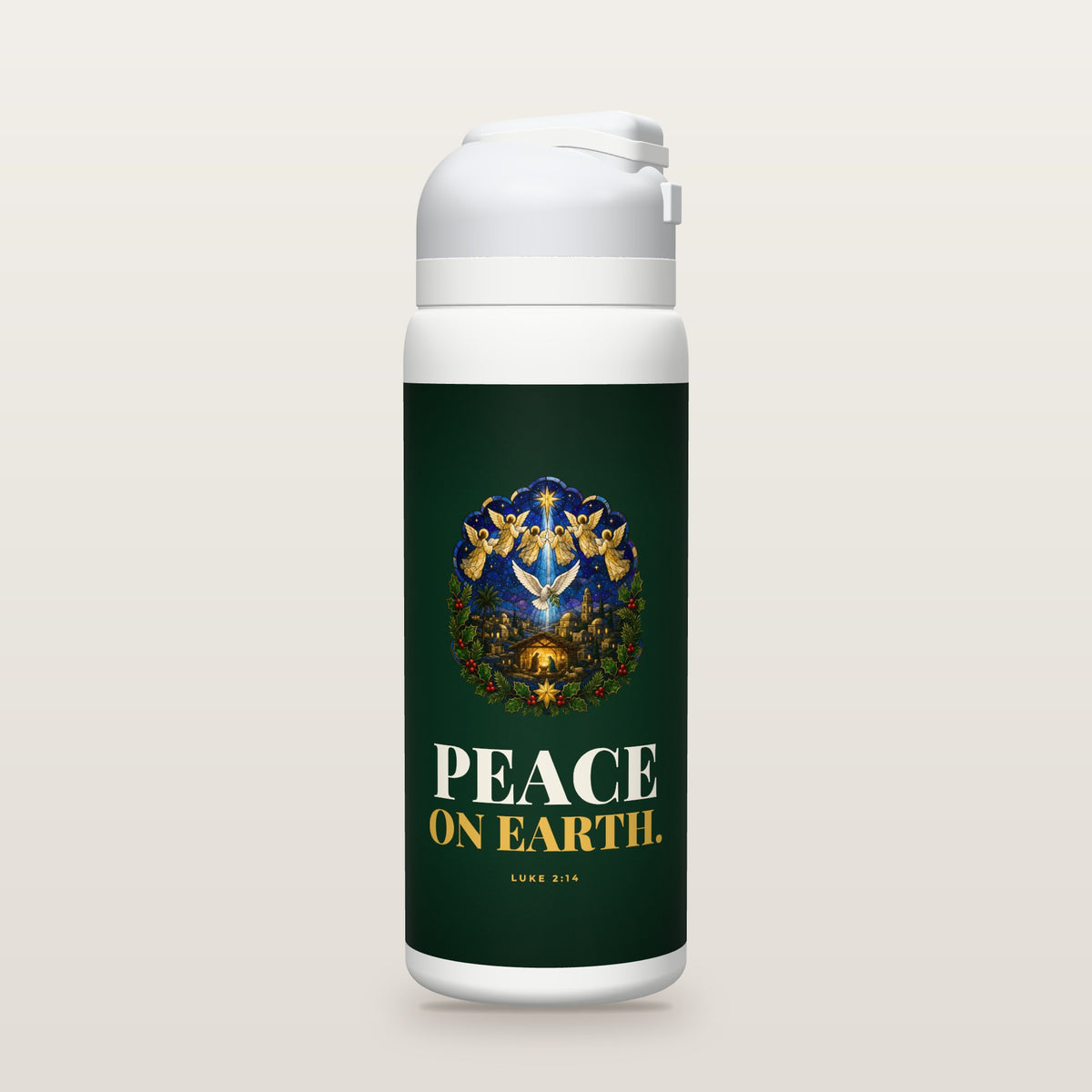 White Owala water bottle with an evergreen printed band, a stained-glass illustration of angels singing above a sleeping Bethlehem as a dove of peace flies down, and the words PEACE ON EARTH. with Luke 2:14.