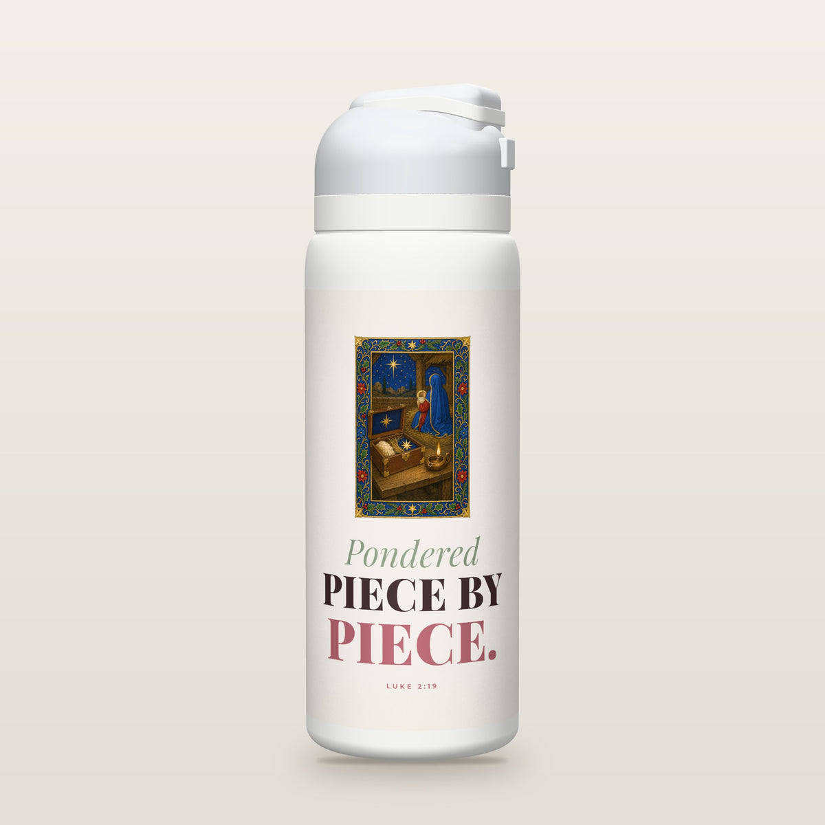White Owala water bottle with a blush printed band, an illuminated-manuscript miniature of a keepsake box of that night's treasures beside a lamp, with Mary holding the child, and the words Pondered PIECE BY PIECE. with Luke 2:19.