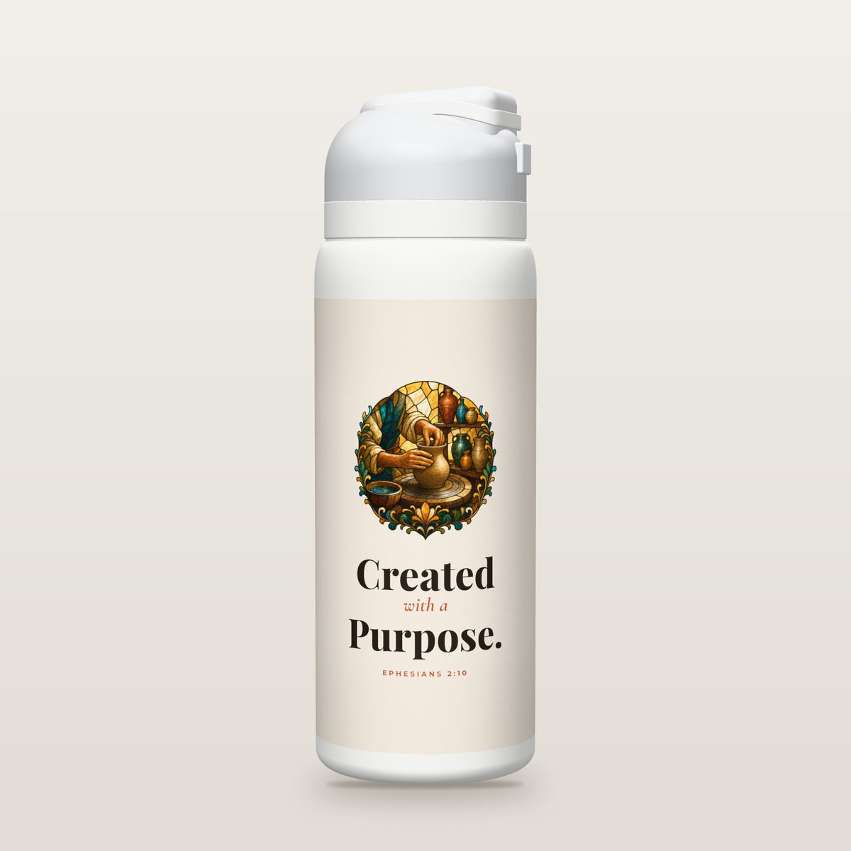 White Owala water bottle with a cream printed band, a stained-glass illustration of a potter's hands shaping a clay vessel on the wheel, and the words Created with a Purpose, Ephesians 2:10.