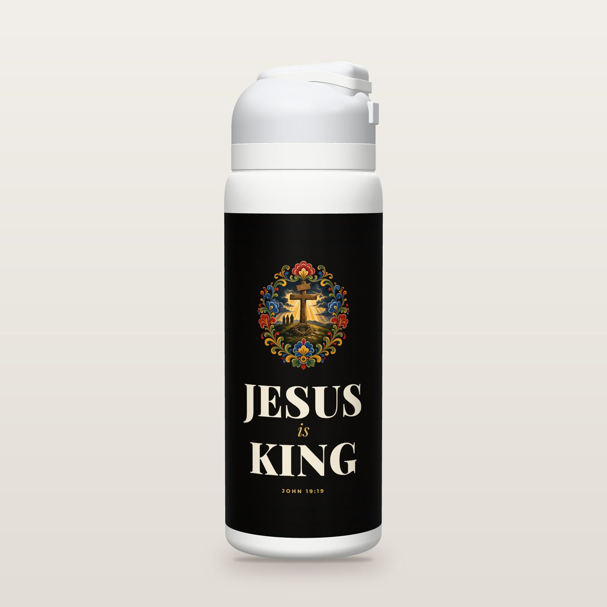 White Owala water bottle with a black printed band, a hand-painted folk-art illustration of a cross with a blank title board and a crown of thorns under breaking light, and the words JESUS is KING with John 19:19.