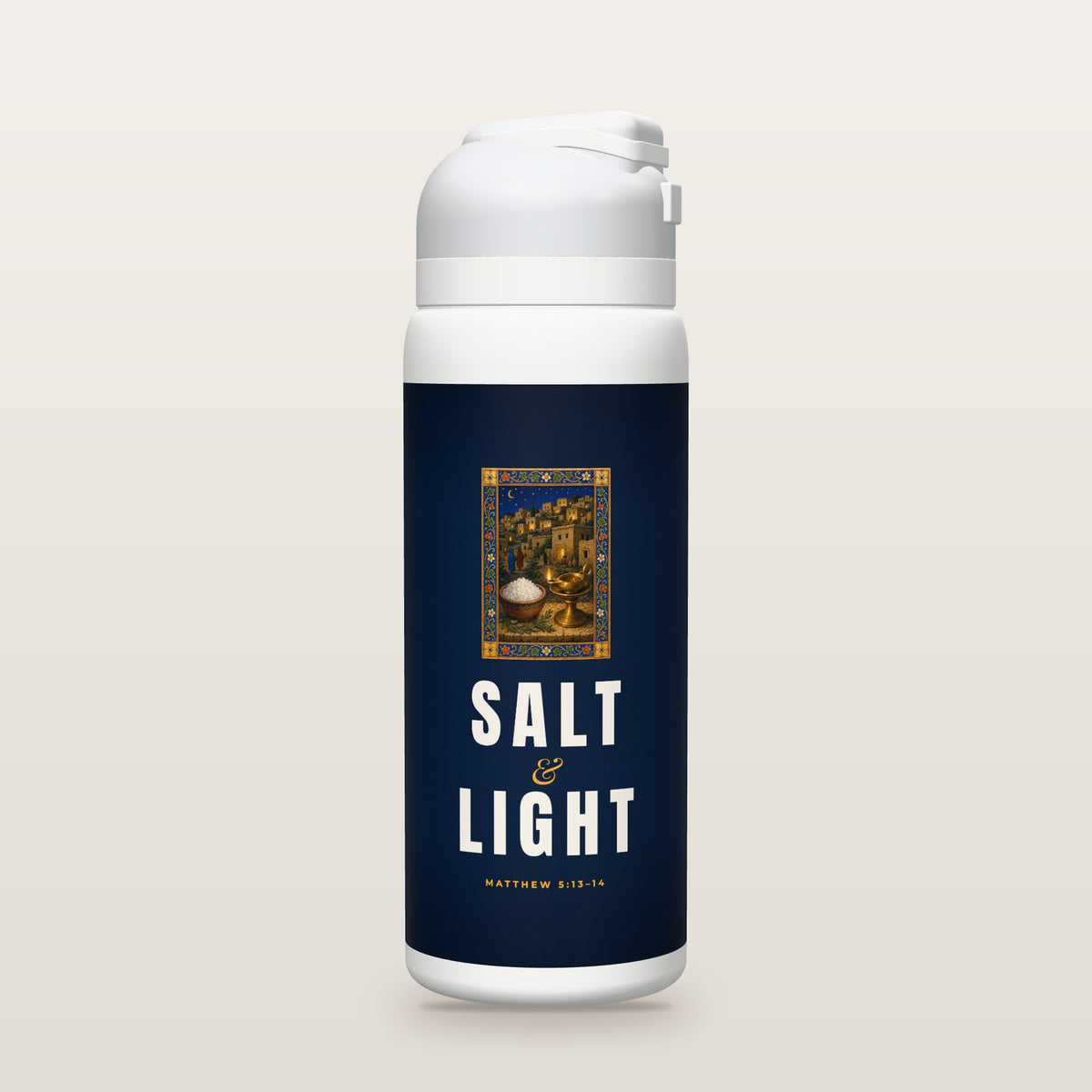 White Owala water bottle with a navy printed band, an illuminated-manuscript miniature of a bowl of salt and a lit lamp before a hilltop village at night, and bold SALT & LIGHT lettering, Matthew 5:13–14.