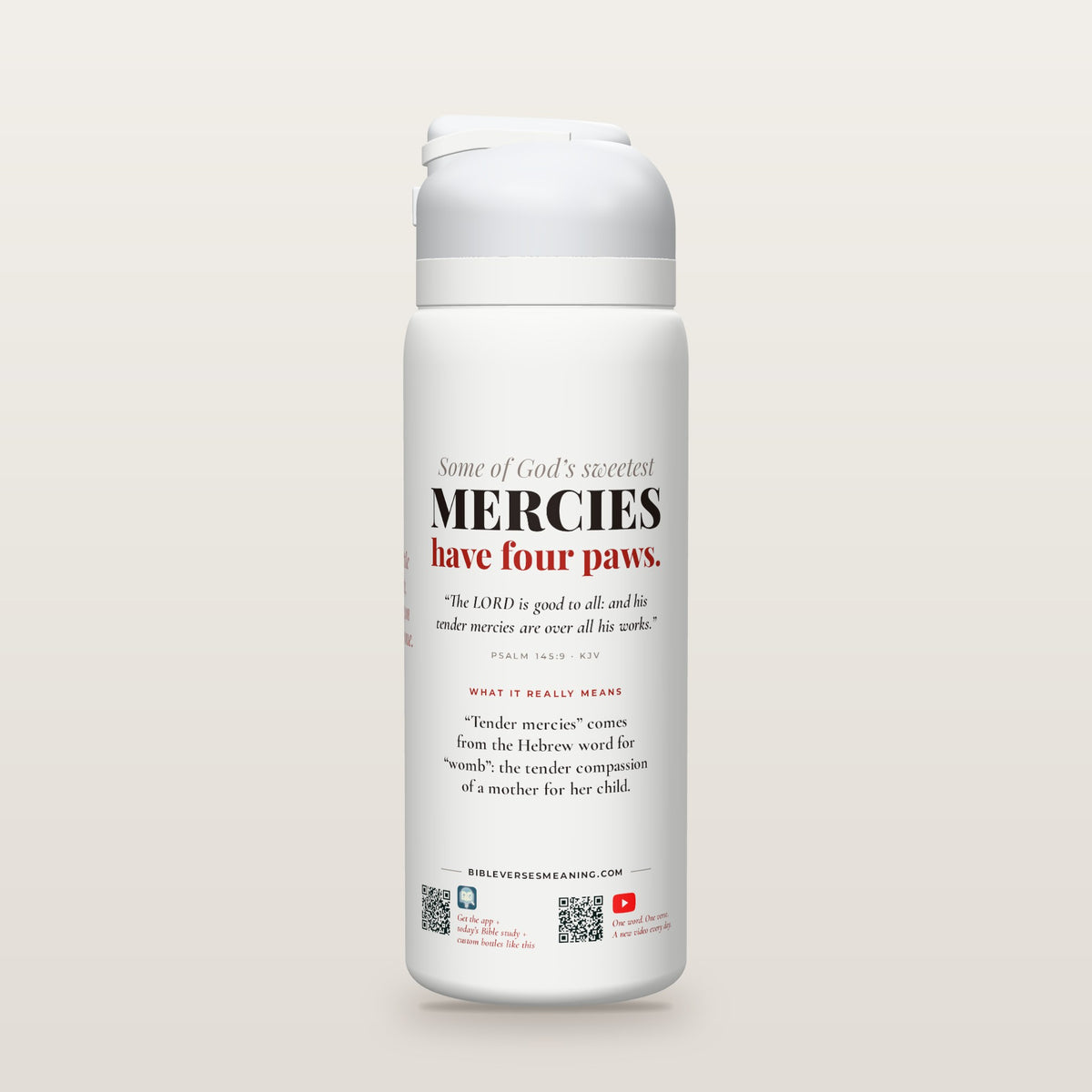 Back of the example Pet Portrait Bottle: Some of God’s sweetest mercies have four paws, Psalm 145:9 (KJV), what “tender mercies” really means, and QR codes.