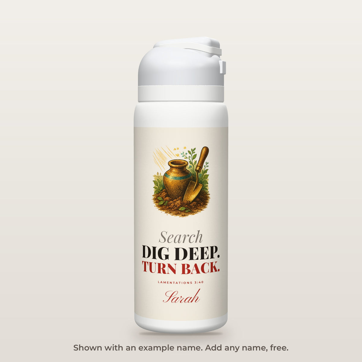 Search and Turn Again bottle shown personalized with an example name