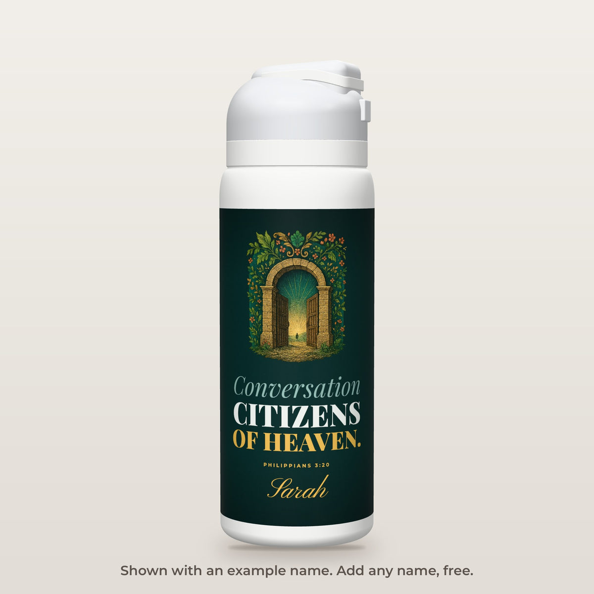 Citizens of Heaven bottle shown personalized with an example name