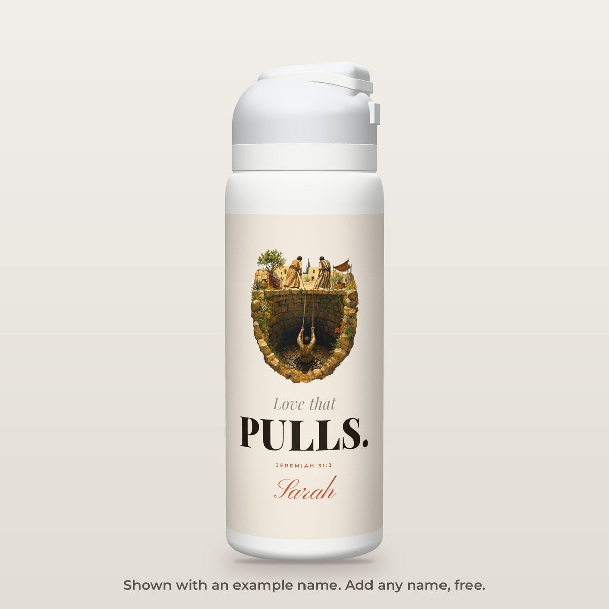 Love That Pulls bottle shown personalized with an example name
