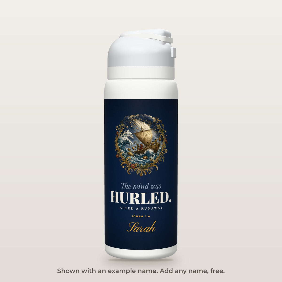 Hurled bottle shown personalized with an example name