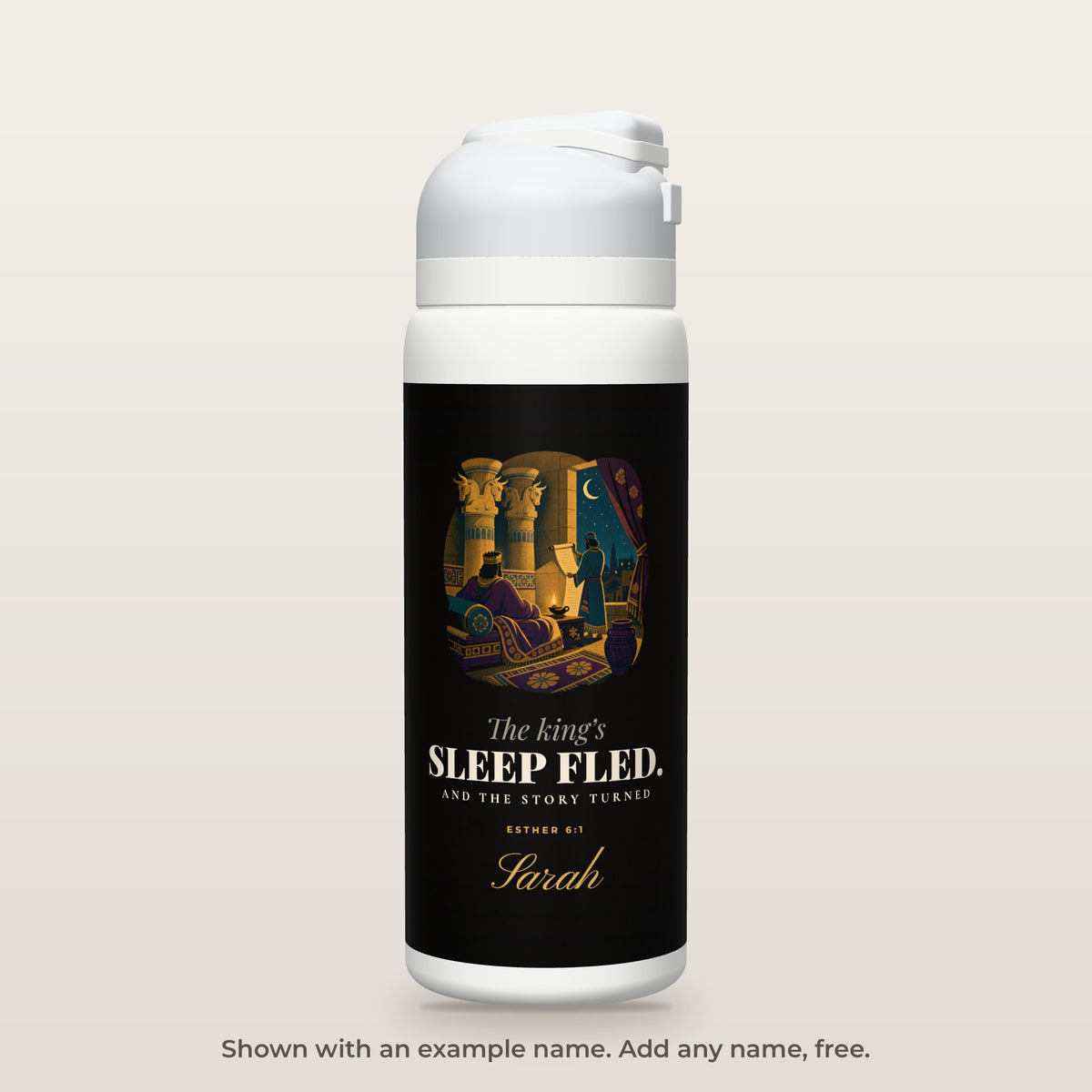Sleep Fled bottle shown personalized with an example name