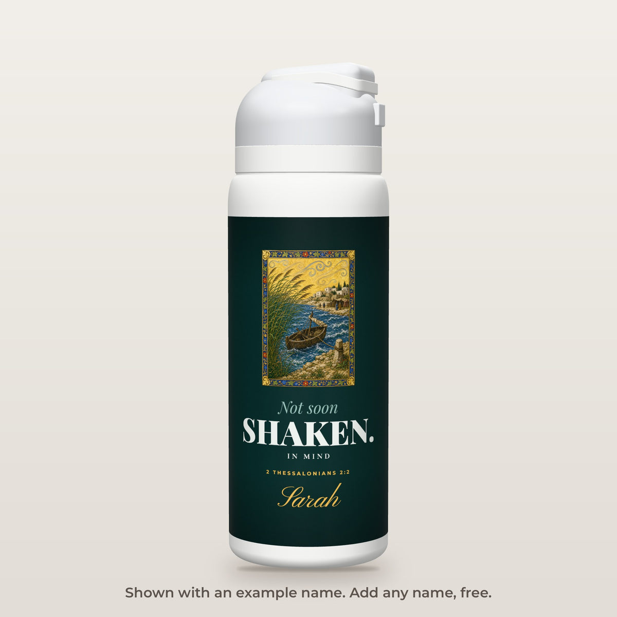 Not Soon Shaken bottle shown personalized with an example name