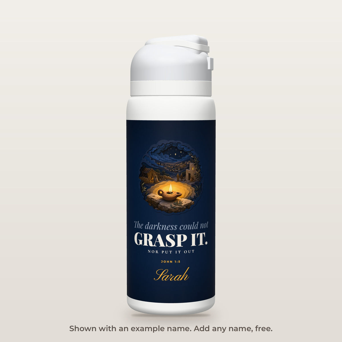 Could Not Grasp It bottle shown personalized with an example name