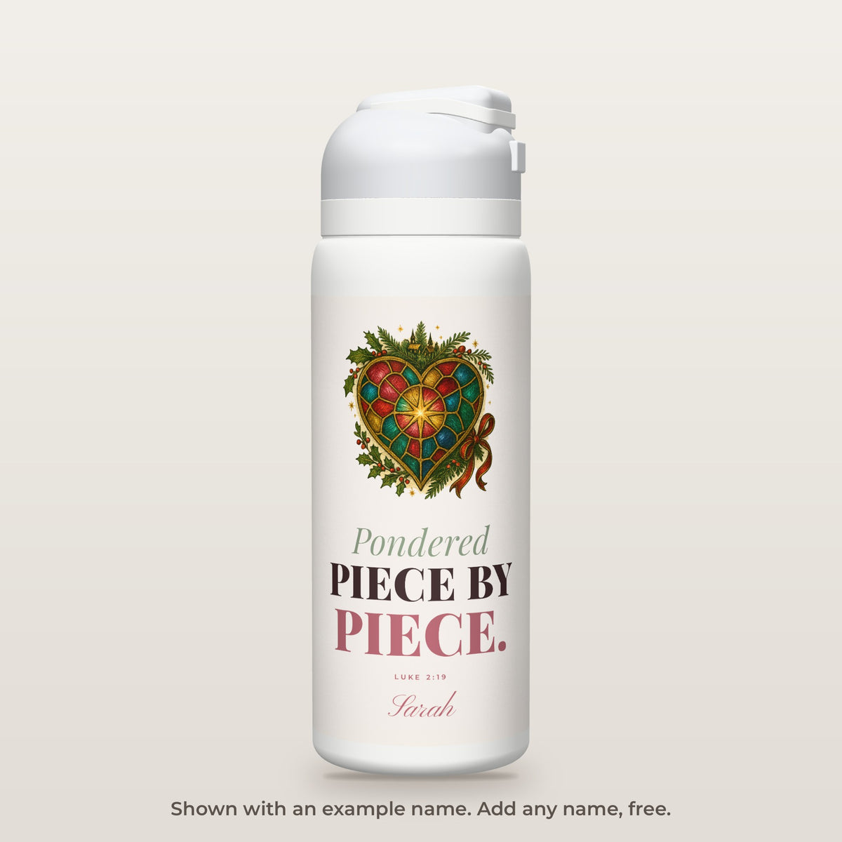 Piece by Piece · Christmas bottle shown personalized with an example name