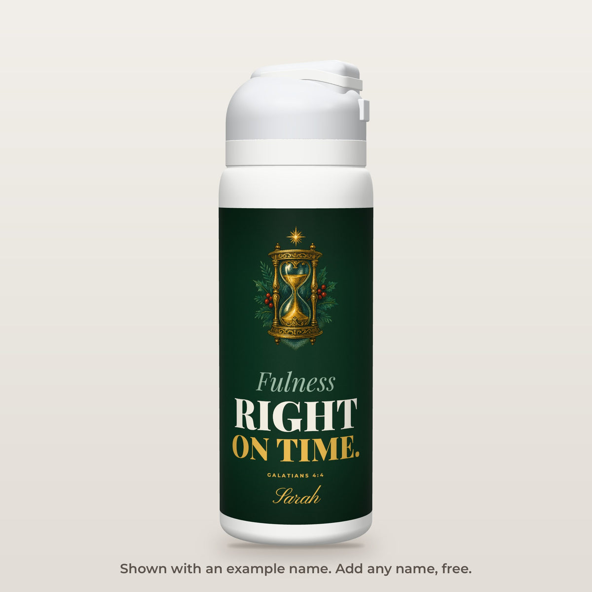 Right on Time · Christmas bottle shown personalized with an example name