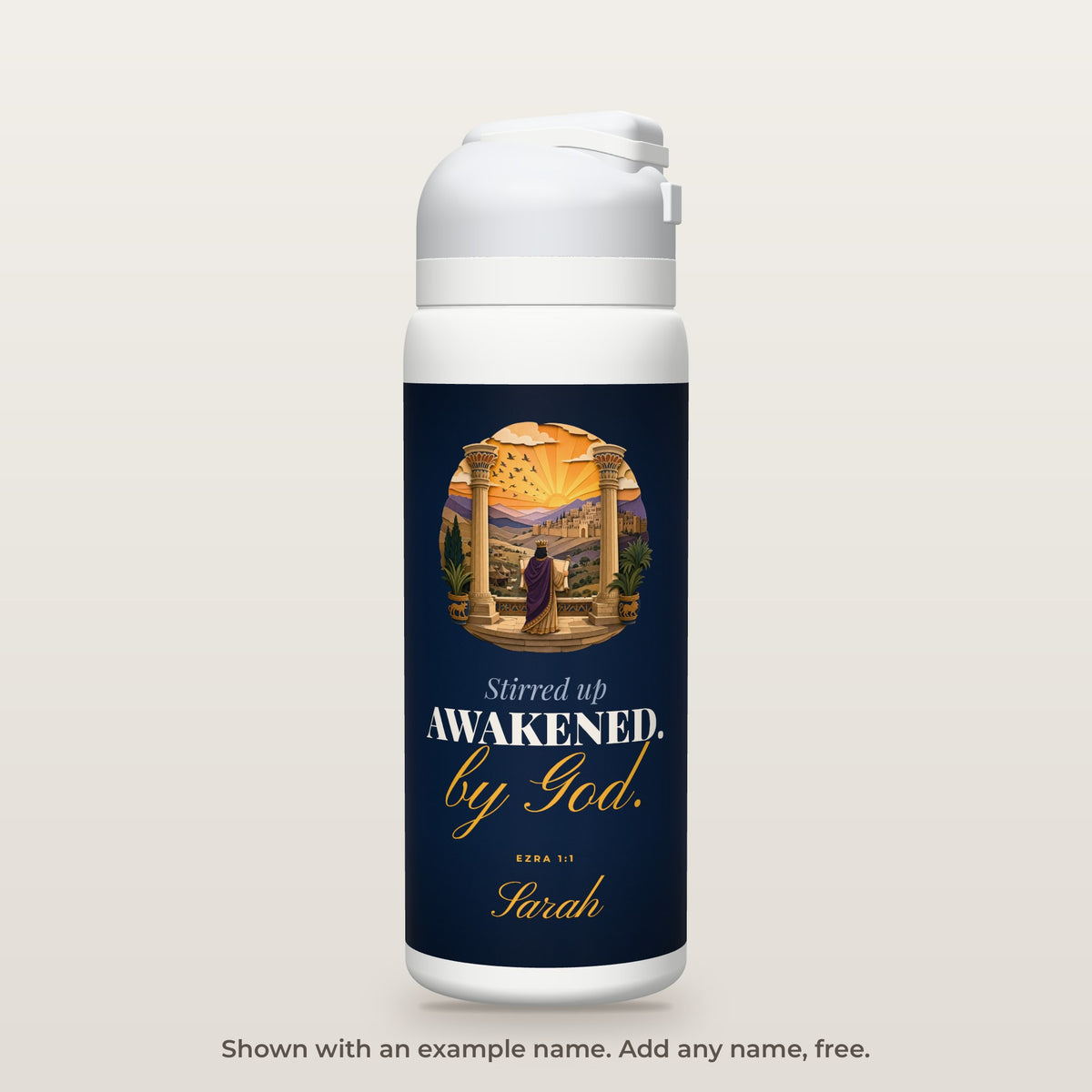 Stirred Awake bottle shown personalized with an example name