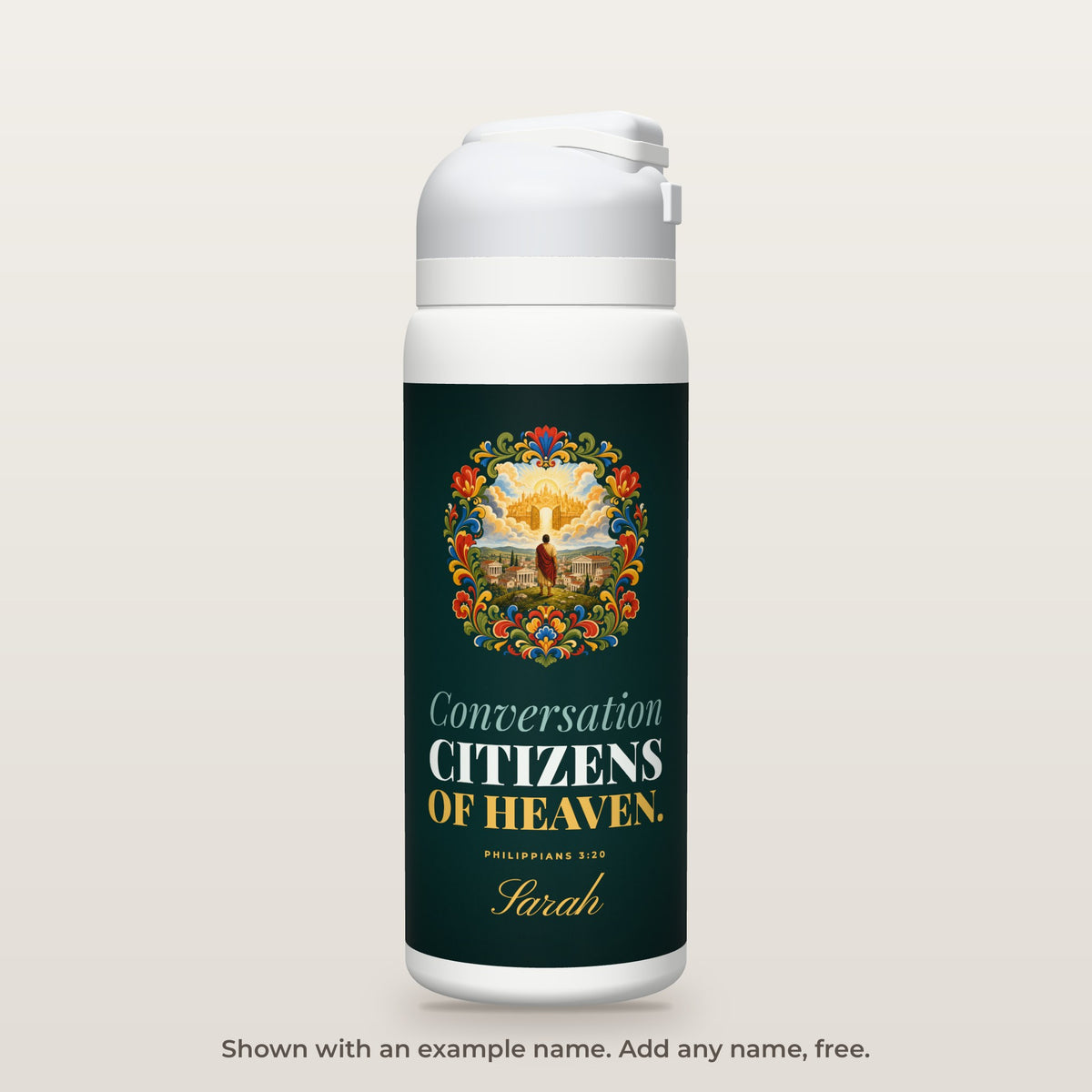 Citizens of Heaven bottle shown personalized with an example name