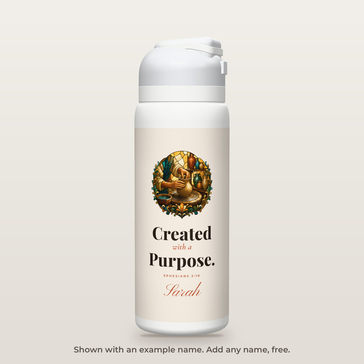 Created With a Purpose bottle shown personalized with an example name