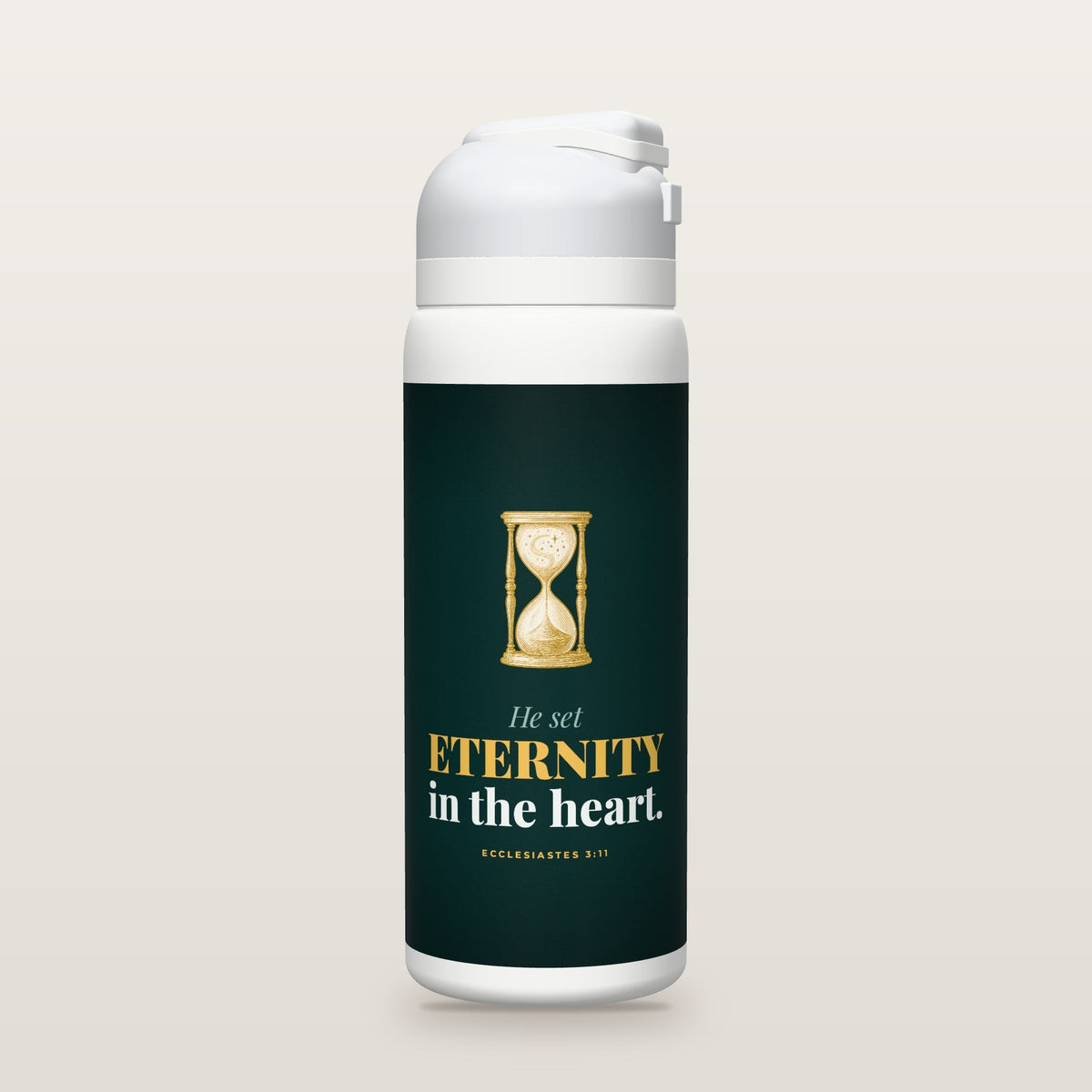 White Owala water bottle with a teal printed band, a gold hourglass filled with stars, the words He set ETERNITY in the heart, and Ecclesiastes 3:11 with its meaning.