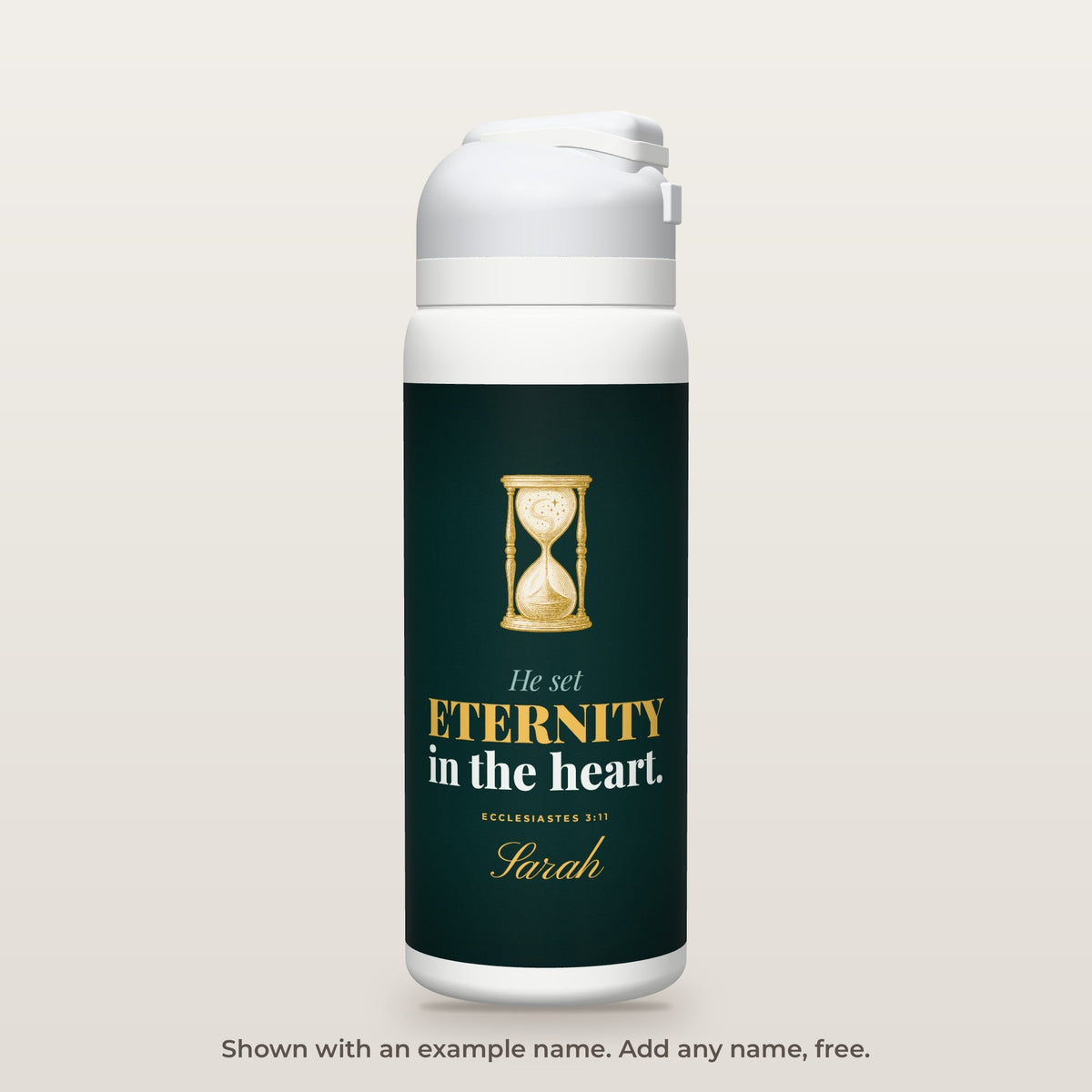 Eternity in the Heart bottle shown personalized with an example name