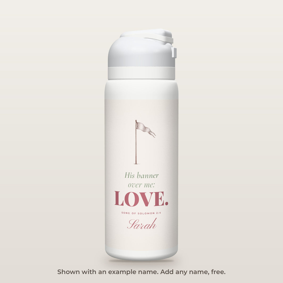 His Banner Over Me bottle shown personalized with an example name