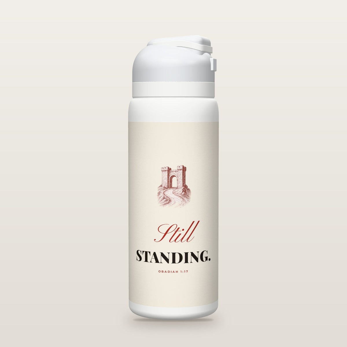 White Owala water bottle with a parchment printed band, an open city gate on a mountain road, the words Still STANDING, and Obadiah 1:17 with its meaning.