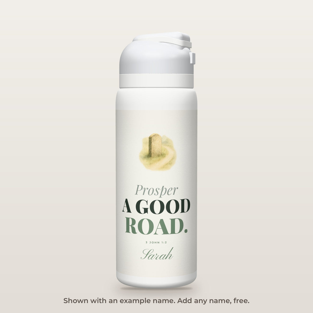 A Good Road bottle shown personalized with an example name