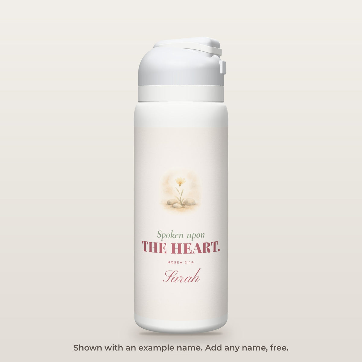 Spoken Upon the Heart bottle shown personalized with an example name
