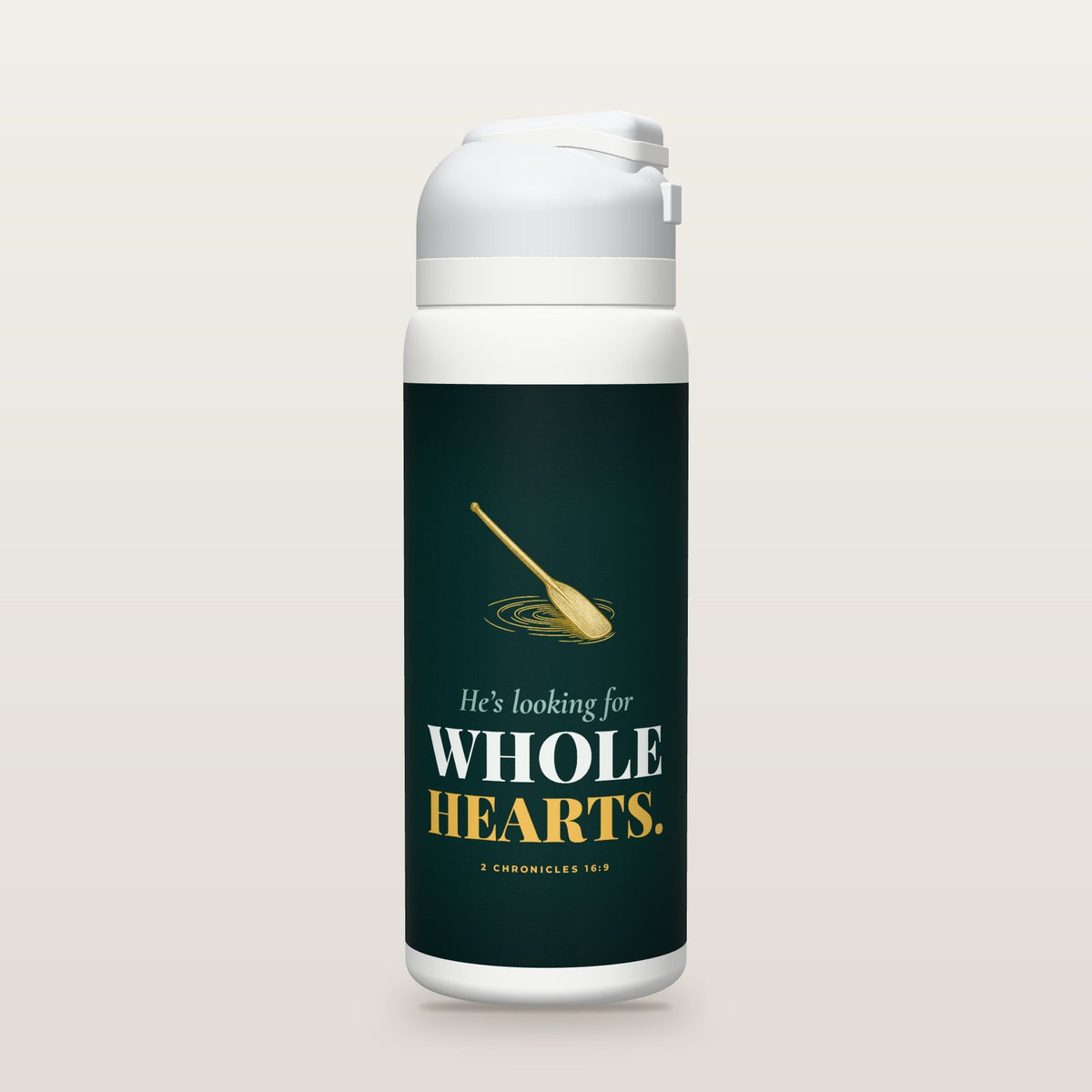 White Owala water bottle with a teal printed band, a gold oar on water, the words He’s looking for WHOLE HEARTS, and 2 Chronicles 16:9 with its meaning.