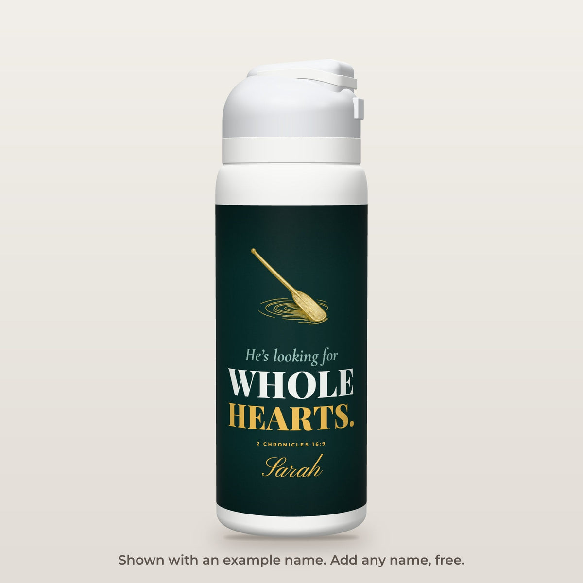 Whole Hearts bottle shown personalized with an example name