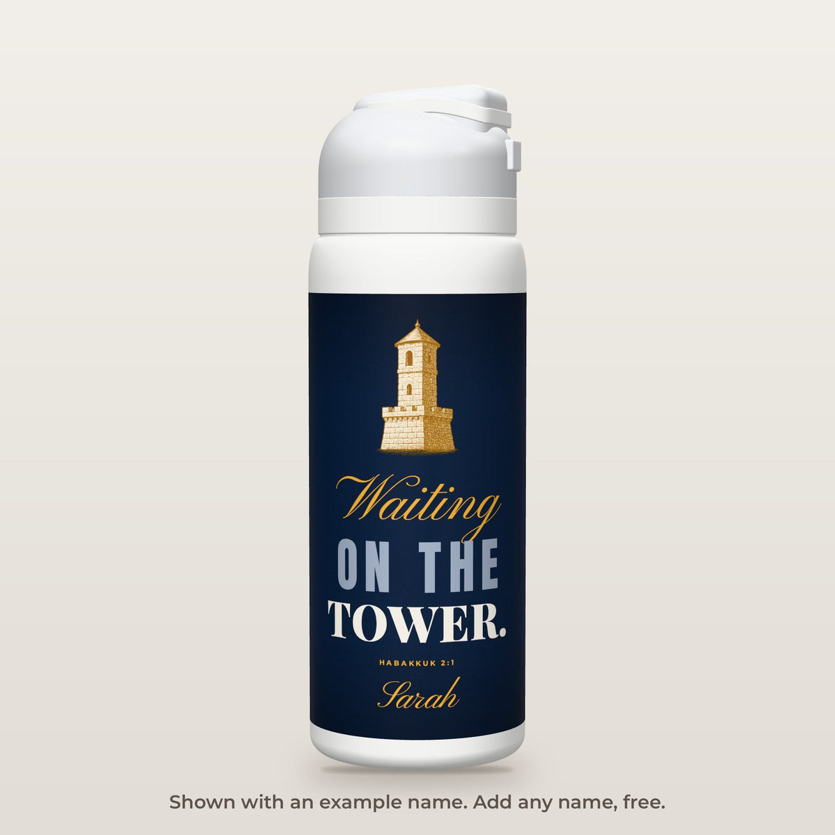 Waiting on the Tower bottle shown personalized with an example name