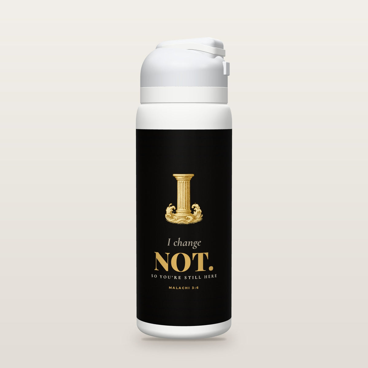 White Owala water bottle with a black printed band, a gold stone pillar among waves, the words I change NOT, and Malachi 3:6 with its meaning.