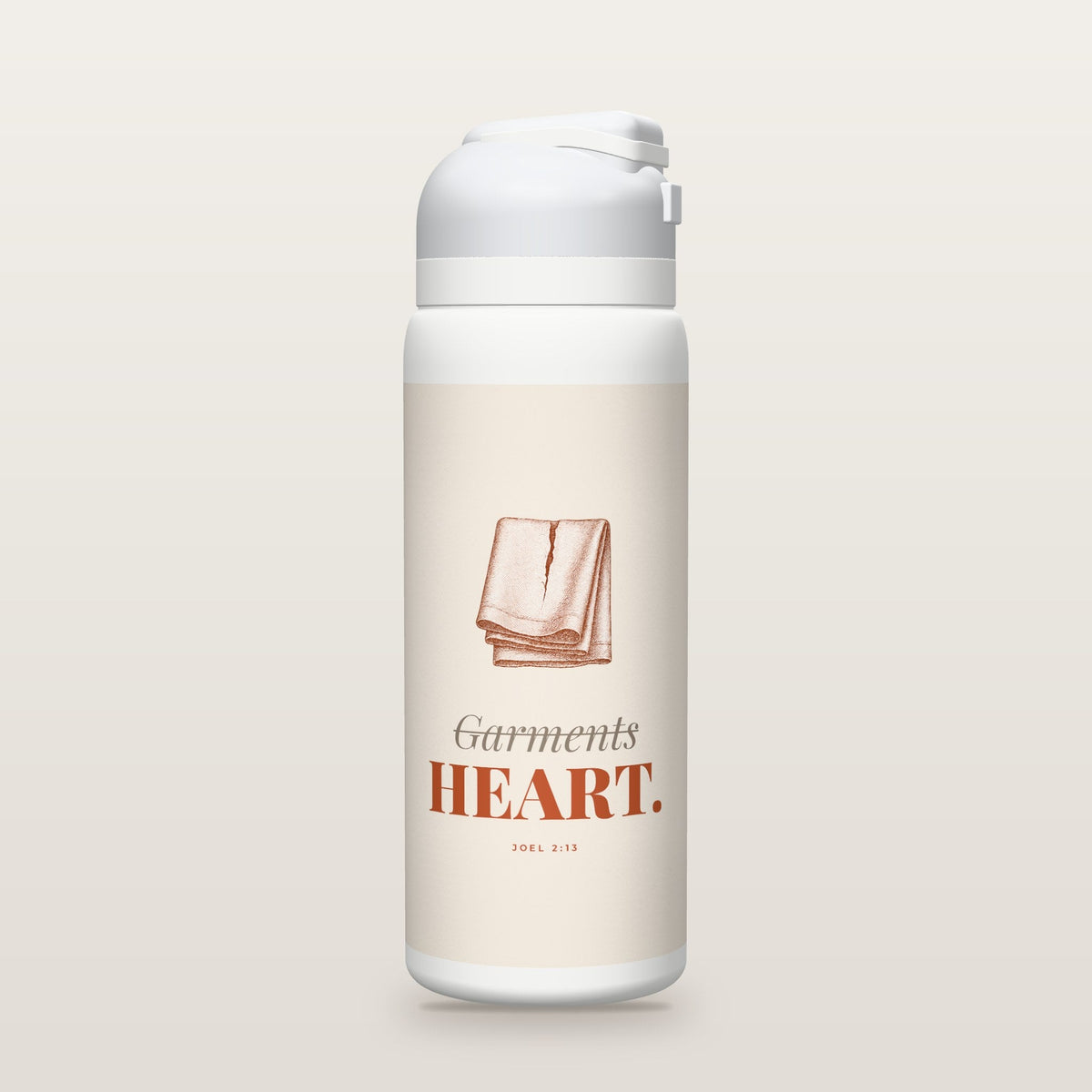 White Owala water bottle with a clay printed band, a linen garment with a tear, the word Garments crossed out above HEART, and Joel 2:13 with its meaning.