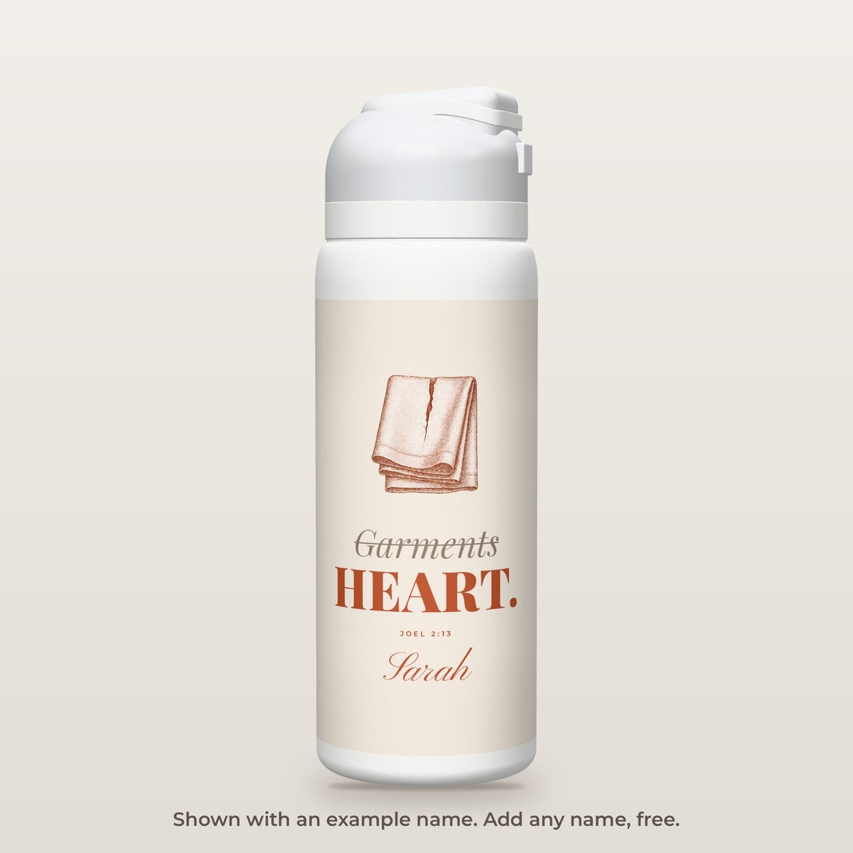 Rend Your Heart bottle shown personalized with an example name