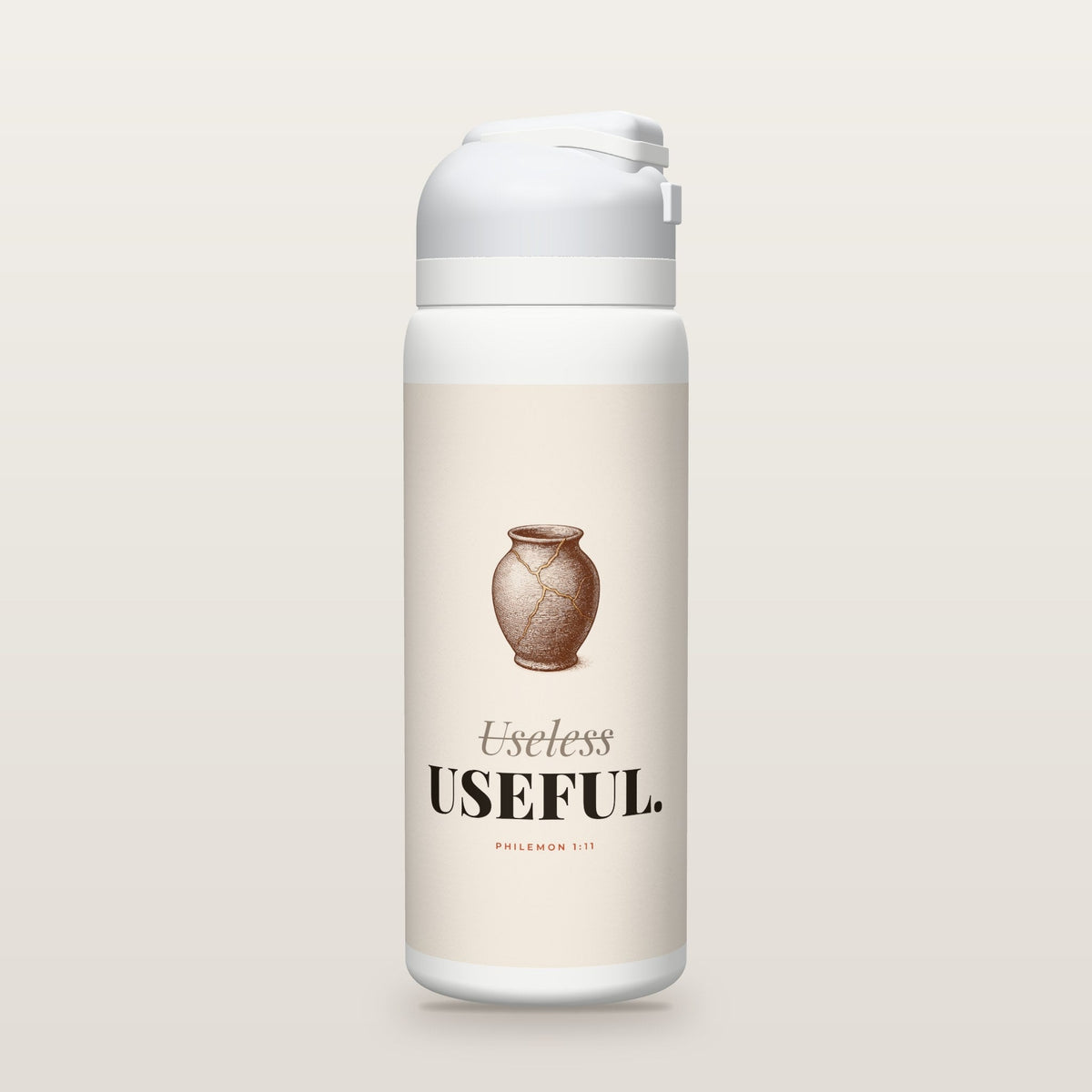 White Owala water bottle with a cream printed band, a clay jar mended in gold, the word Useless crossed out above USEFUL, and Philemon 1:11 with the meaning behind Onesimus’s name.