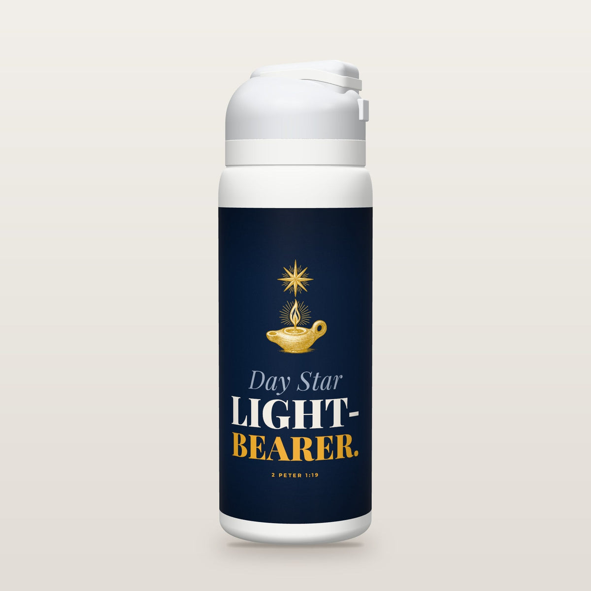 White Owala water bottle with a navy printed band, a gold oil lamp and morning star, the words Day Star and LIGHT-BEARER, and 2 Peter 1:19 with the meaning of day star.