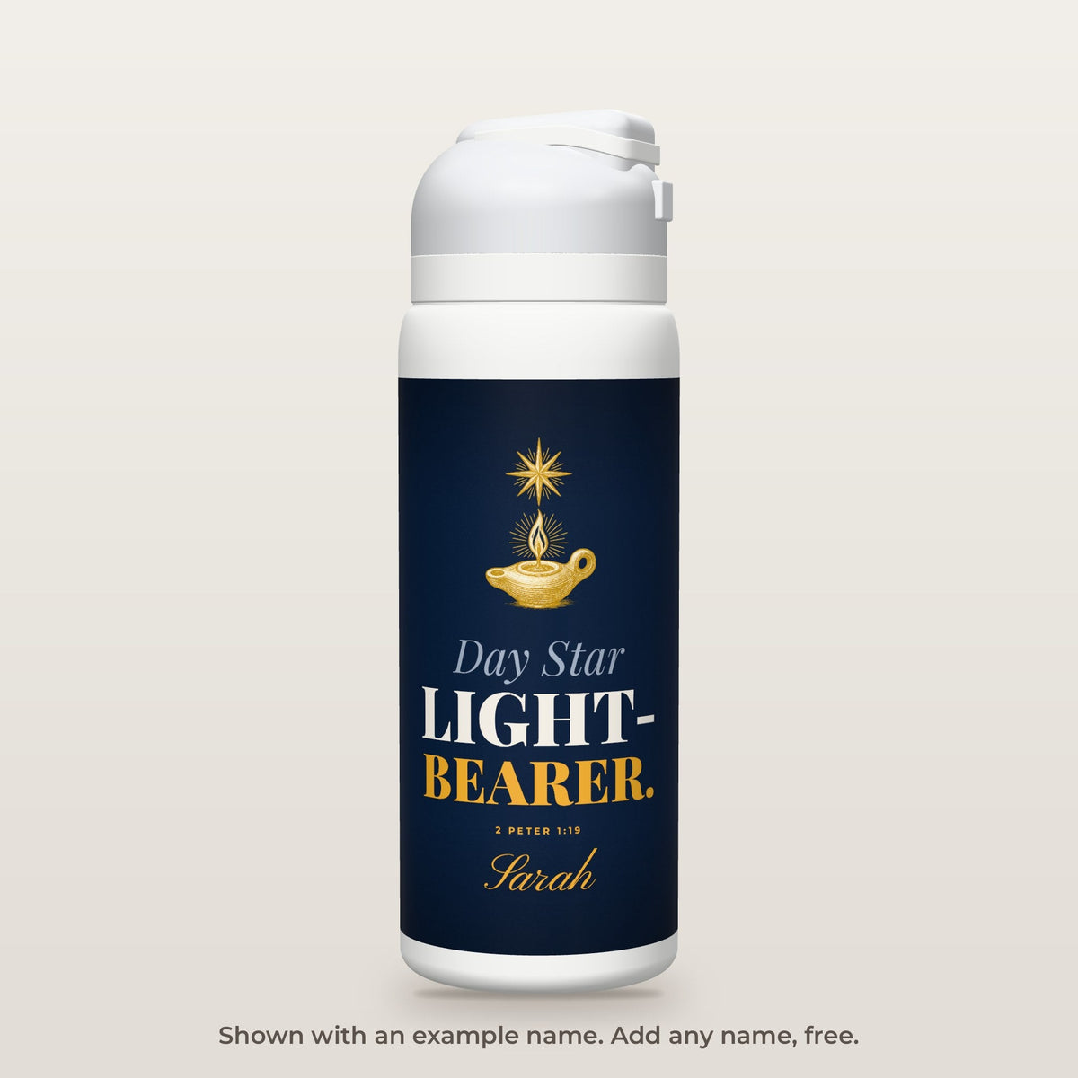 Light-Bearer bottle shown personalized with an example name