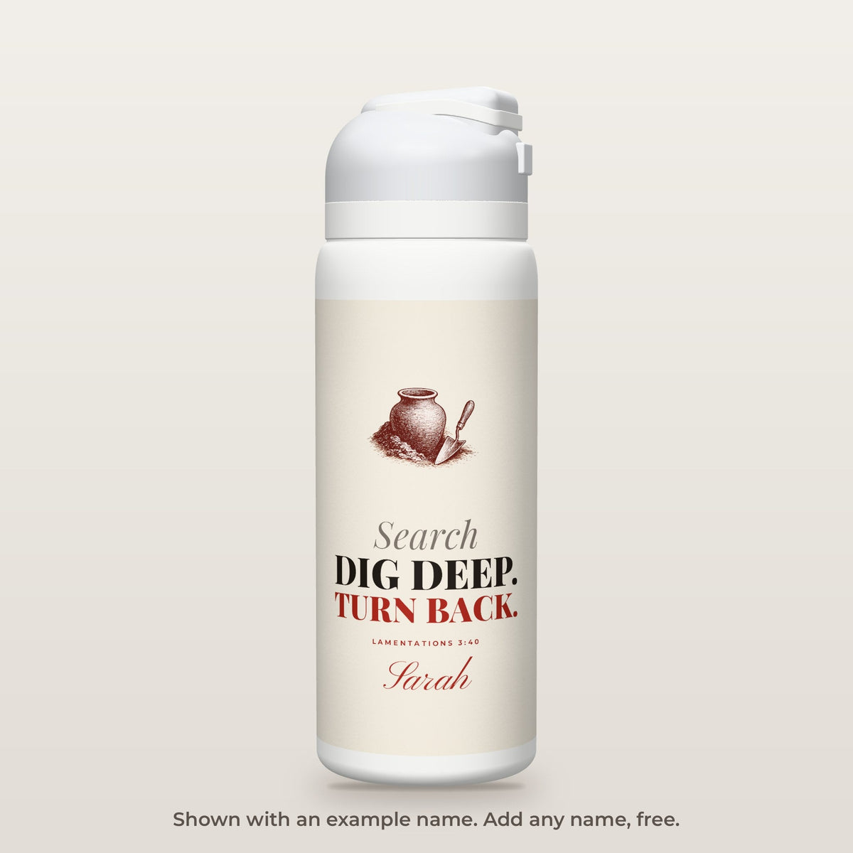 Search and Turn Again bottle shown personalized with an example name