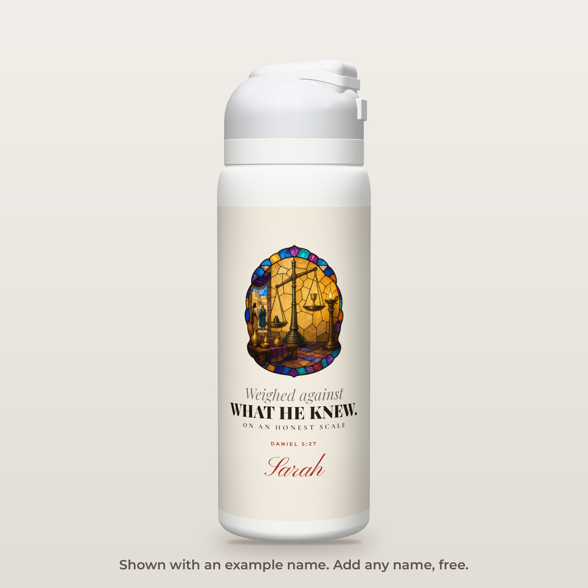 What He Knew bottle shown personalized with an example name