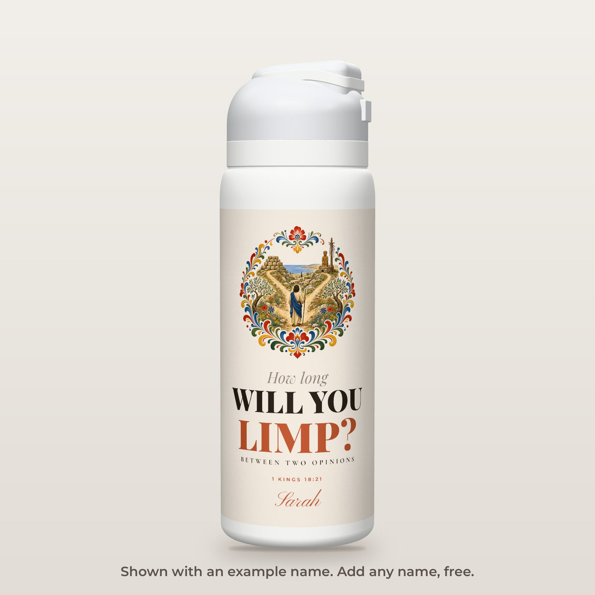 Limping Between Two bottle shown personalized with an example name