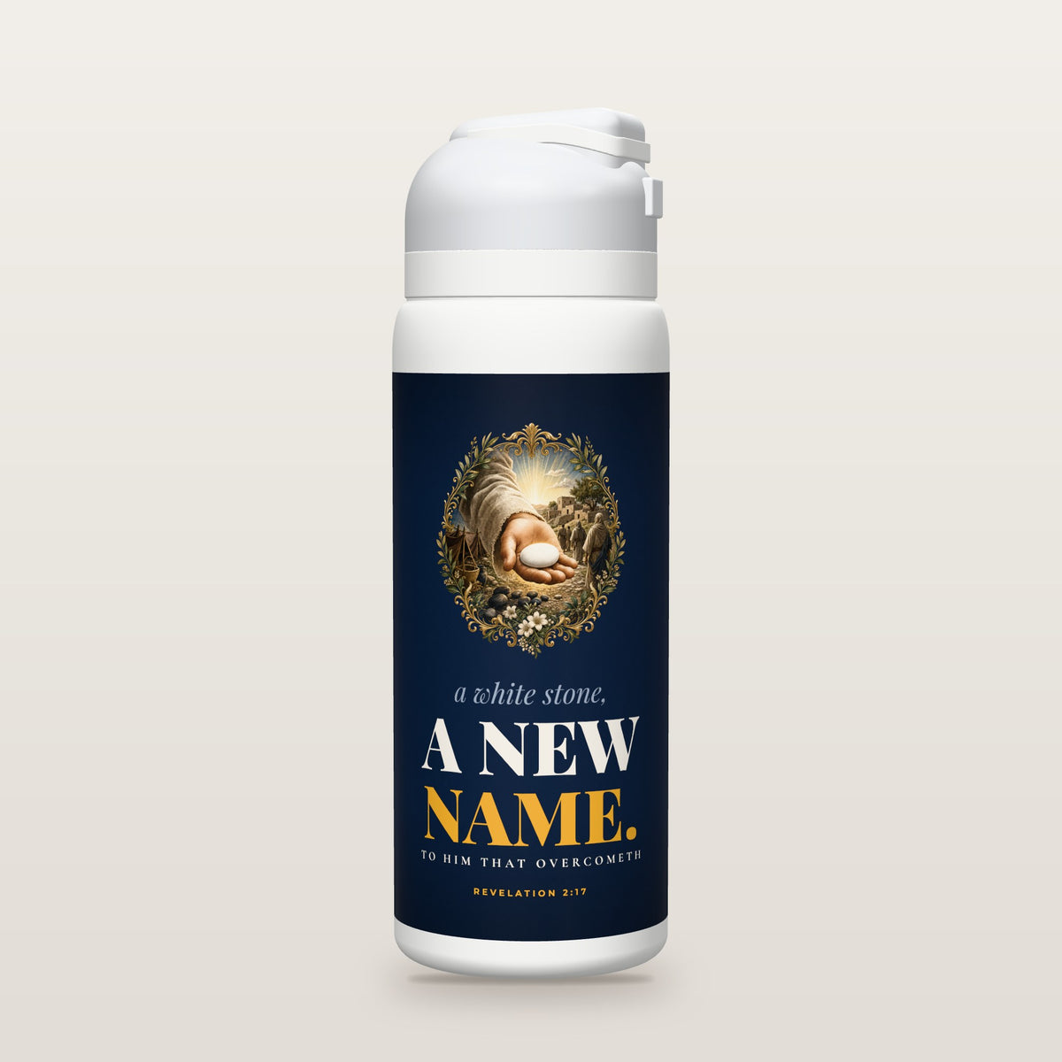 White Owala water bottle with a deep navy printed band, a illustrated engraving of a hand reaching from a linen robe sleeve holding a smooth white pebble, with dark pebbles below and robed travelers walking toward a stone village, framed by gold scrollwork, olive branches and lilies, the words a white stone, A NEW NAME. to him that overcometh, and Revelation 2:17 with the meaning of the Greek word for stone.