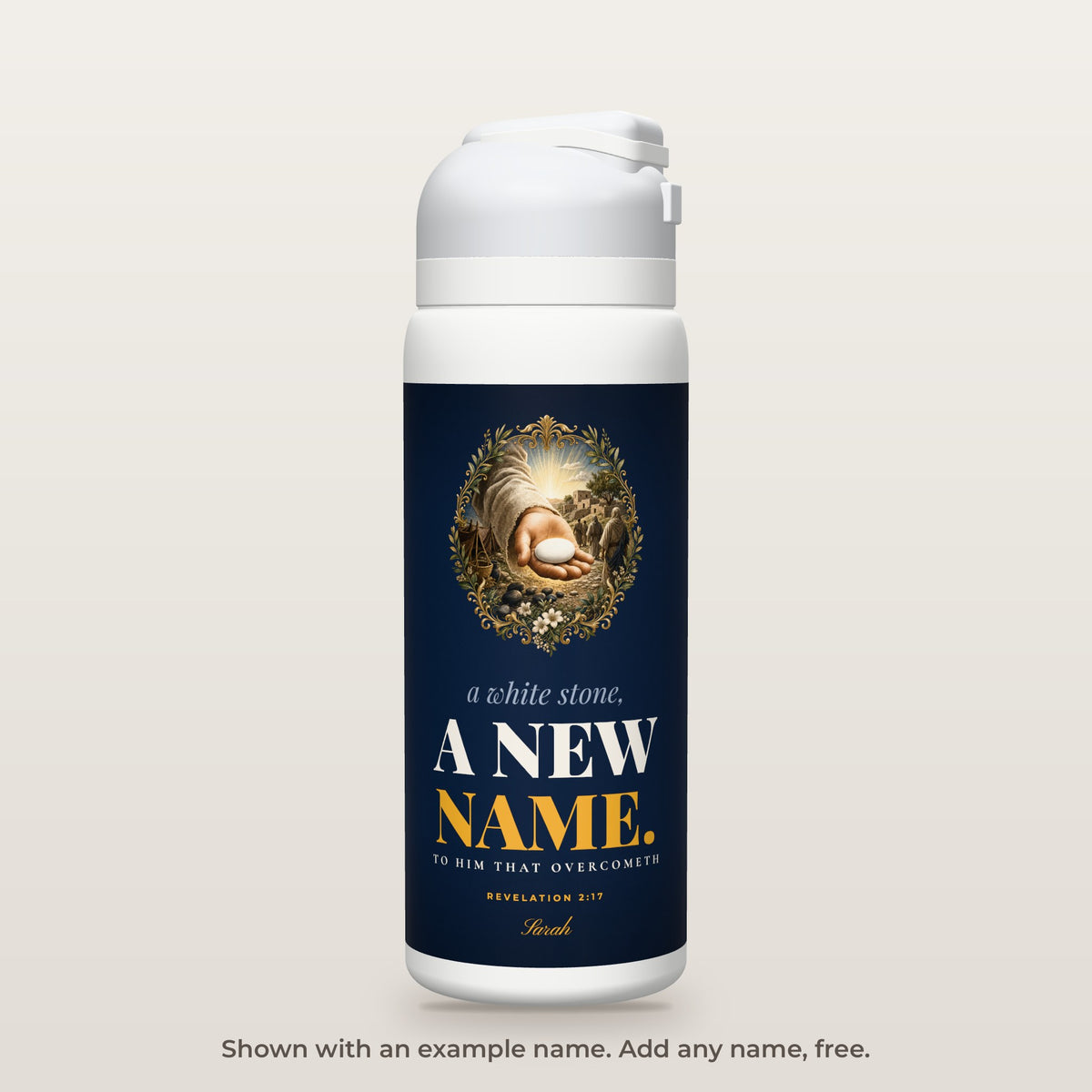 A White Stone bottle shown personalized with an example name