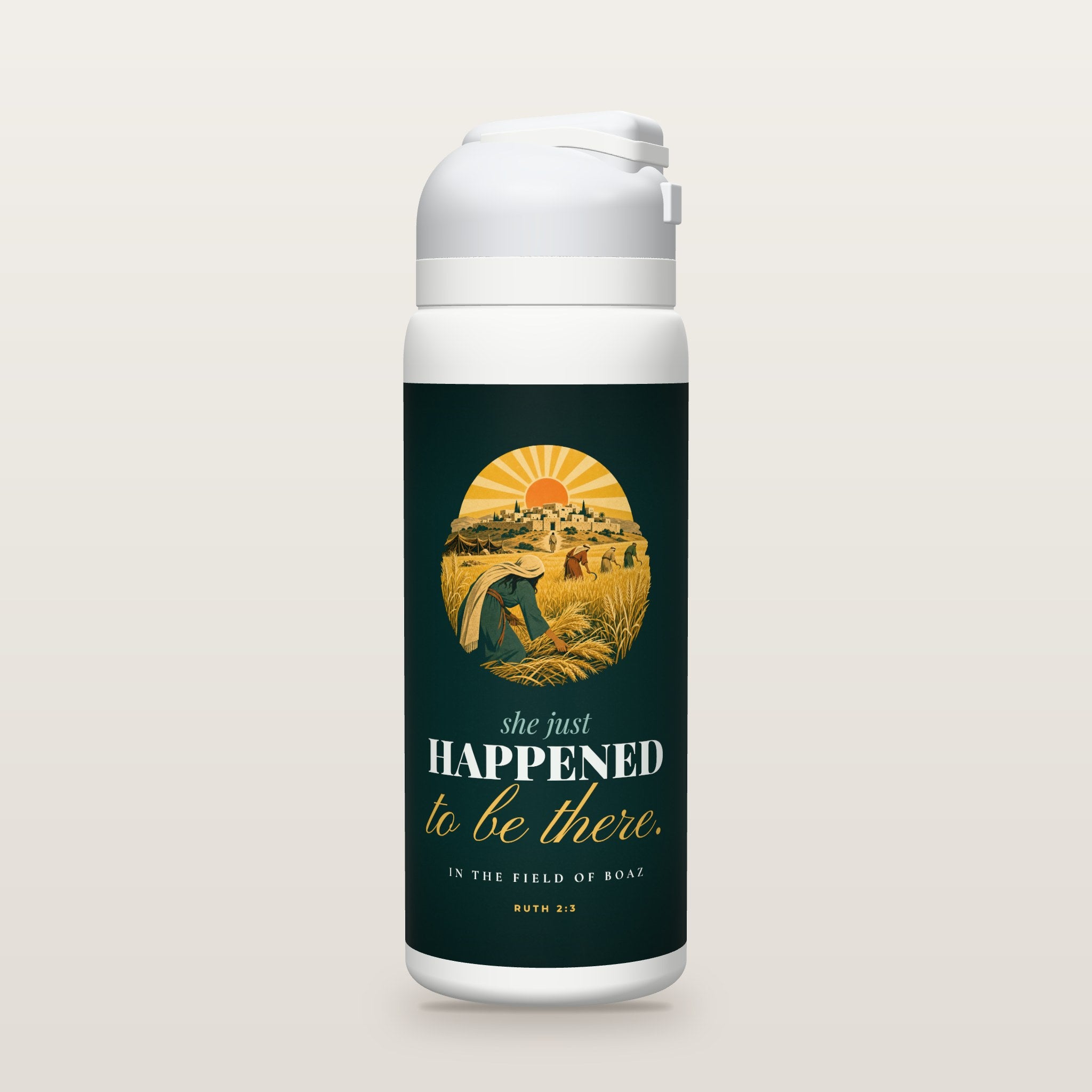 White Owala water bottle with a deep teal printed band, a vintage screen-print illustration of a young woman in a robe and head covering gathering barley at the edge of a golden field, with reapers ahead and a walled stone hill-town under a rising sun, the words she just HAPPENED to be there. in the field of Boaz, and Ruth 2:3 with the meaning of the Hebrew phrase her chance chanced.
