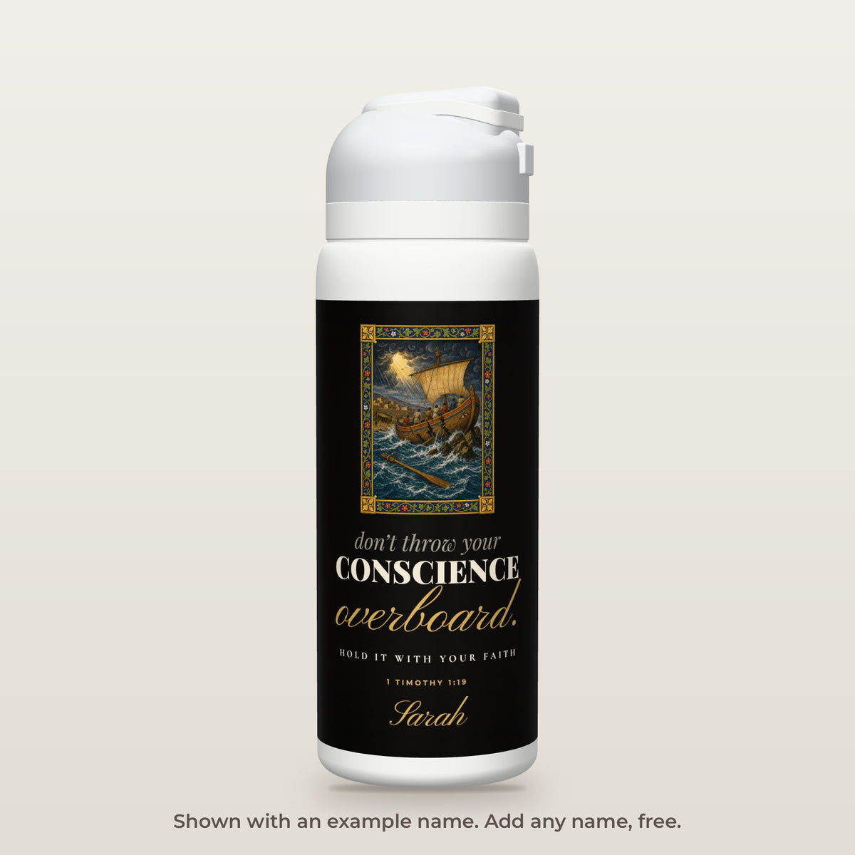 Conscience Overboard bottle shown personalized with an example name