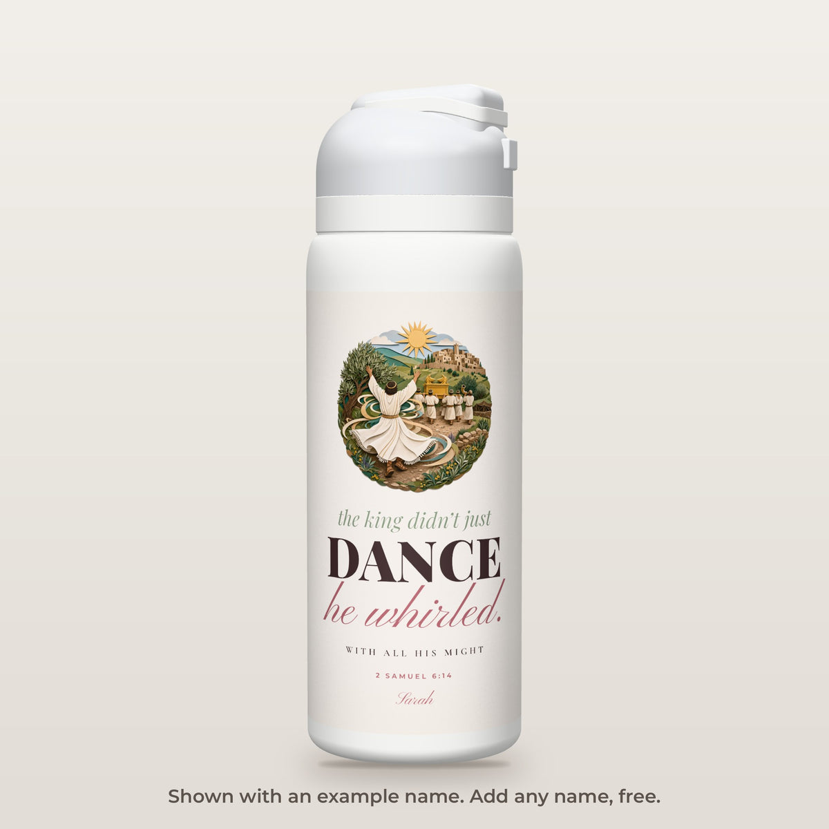 The Whirling King bottle shown personalized with an example name