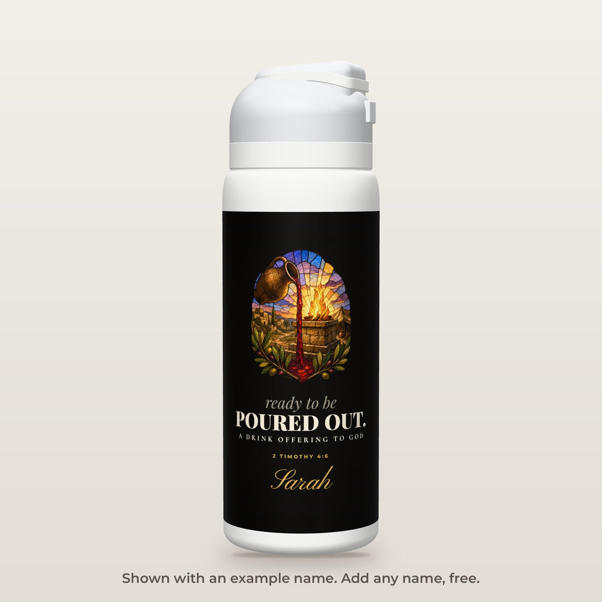 Poured Out bottle shown personalized with an example name