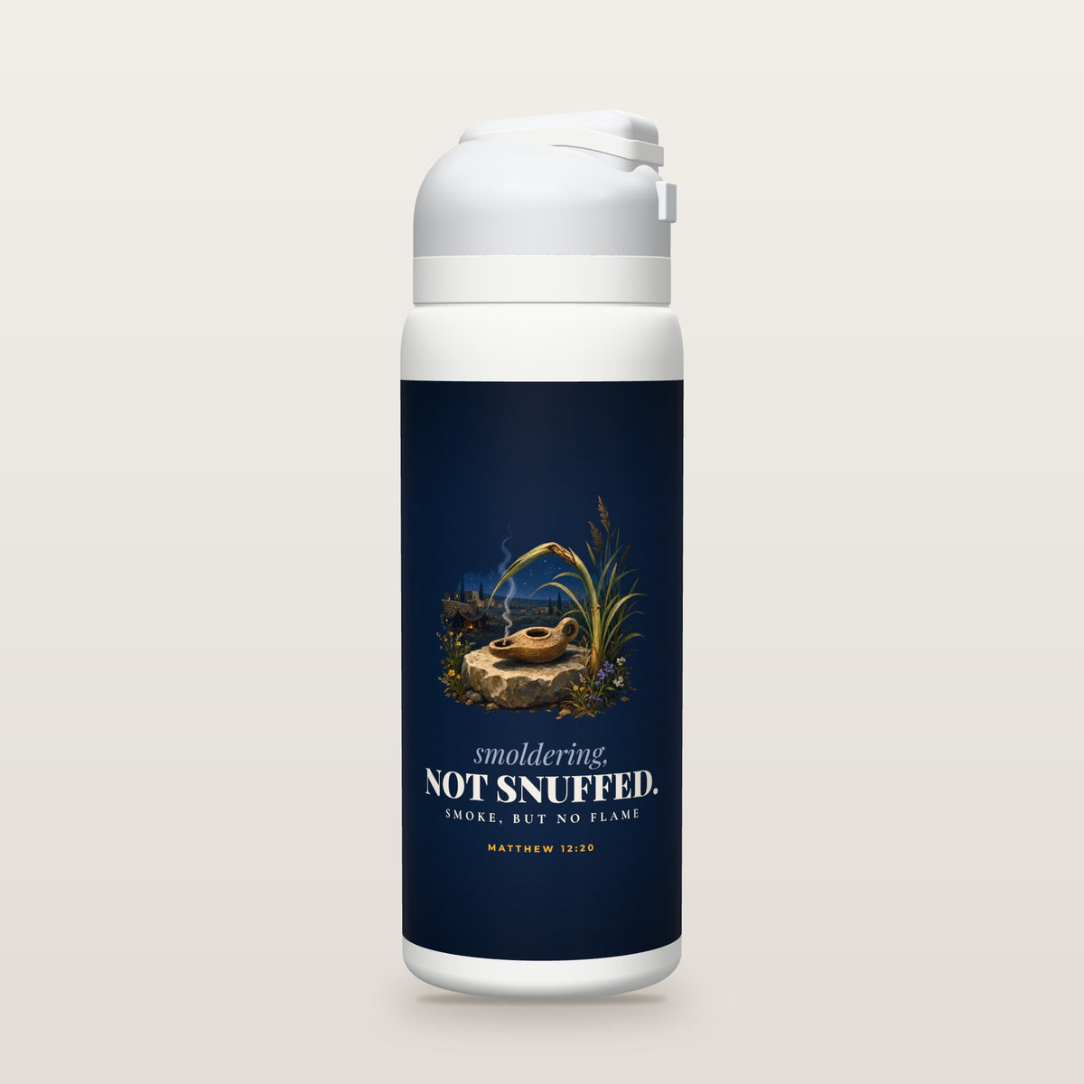 White Owala water bottle with a deep navy printed band, a gouache painting of a small ancient clay oil lamp on a stone with a smoldering wick and a thin curl of smoke beside a bruised but unbroken reed under a starry sky, the words smoldering, NOT SNUFFED. and smoke, but no flame, and Matthew 12:20 with the meaning of the Greek word for smoking.