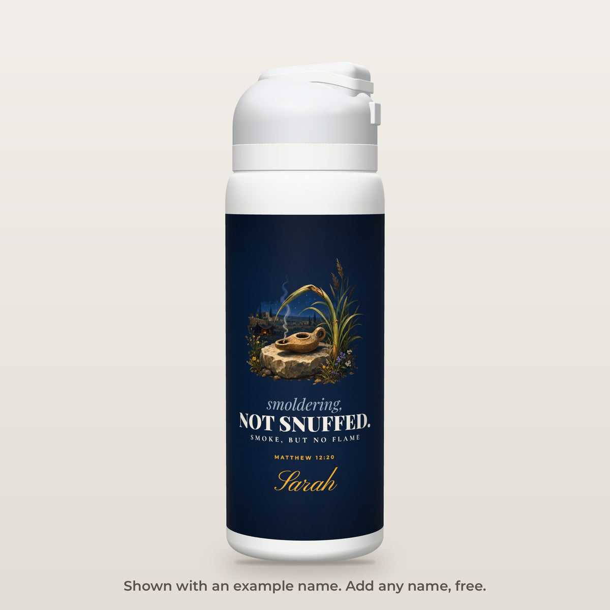 Not Snuffed bottle shown personalized with an example name