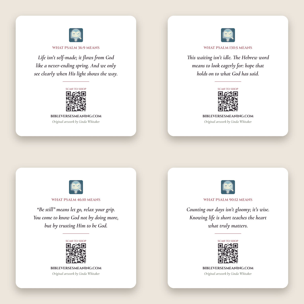 The backs of the coasters: each one explains what its Psalm means and has a QR code to the Bible Verses Meaning shop
