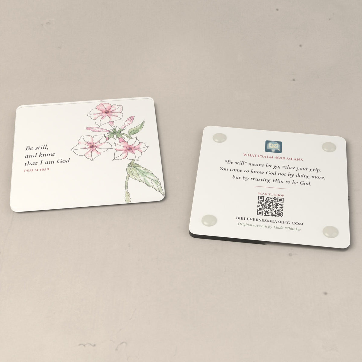 The Psalm 46:10 coaster shown front and back: “Be still, and know that I am God” and its meaning